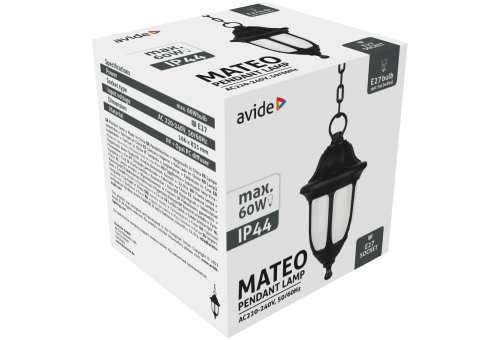 Exteriérová Závesná lampa Mateo 1xE27 Čierna IP44